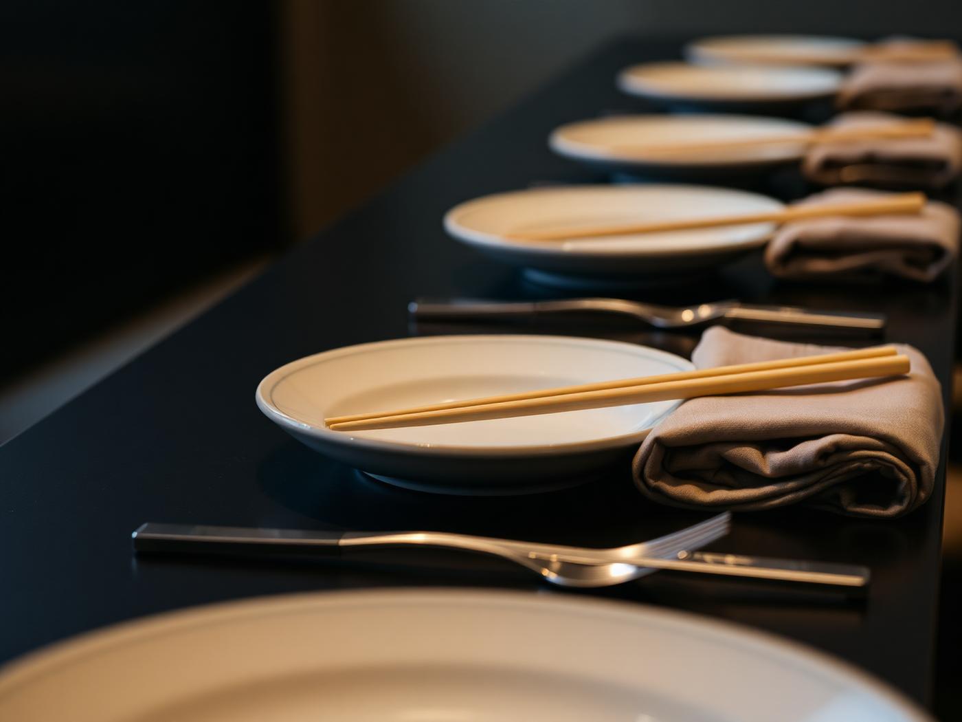 Individual place settings arranged one seat at a time