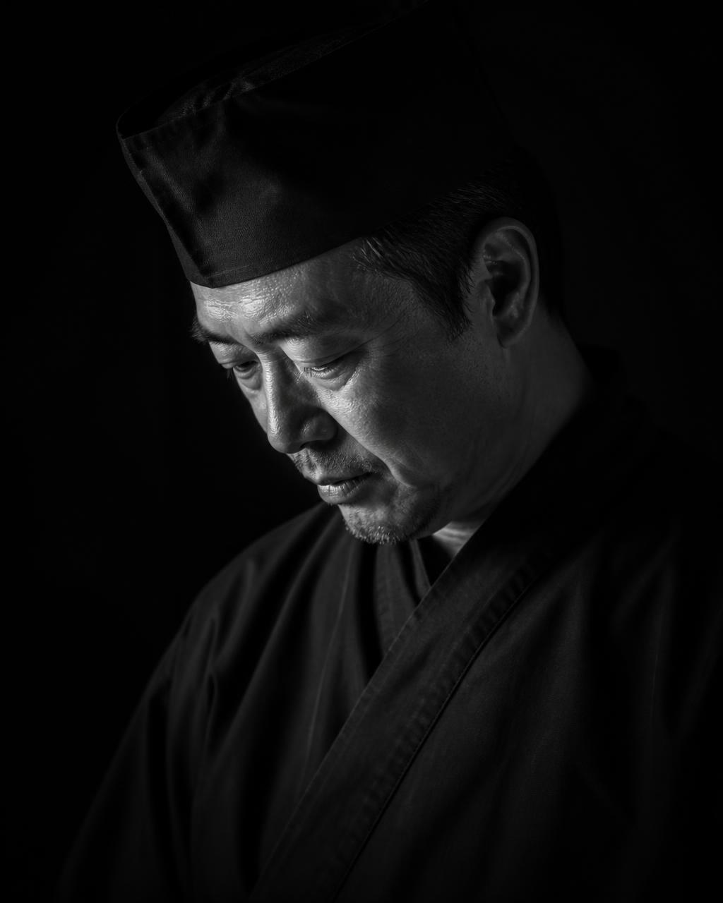 Monochrome portrait of Chef Jin Yoshida in black chef's wear
