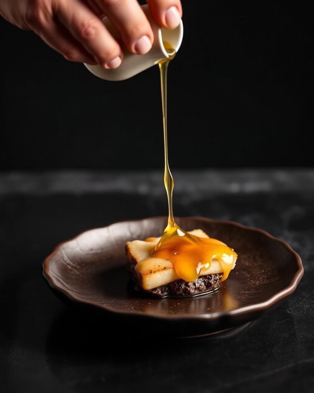 Chef finishing a contemporary Japanese dish with clear dashi