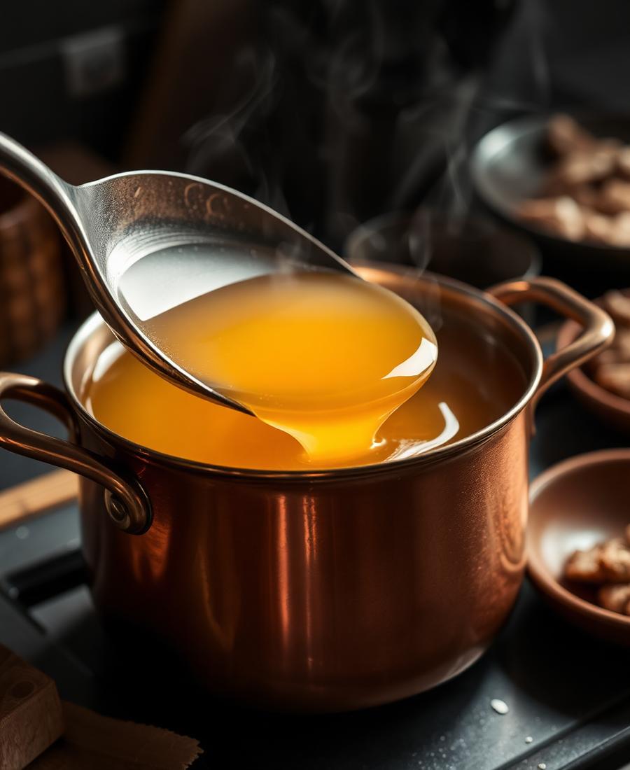 Clear golden dashi ladled from a copper pot
