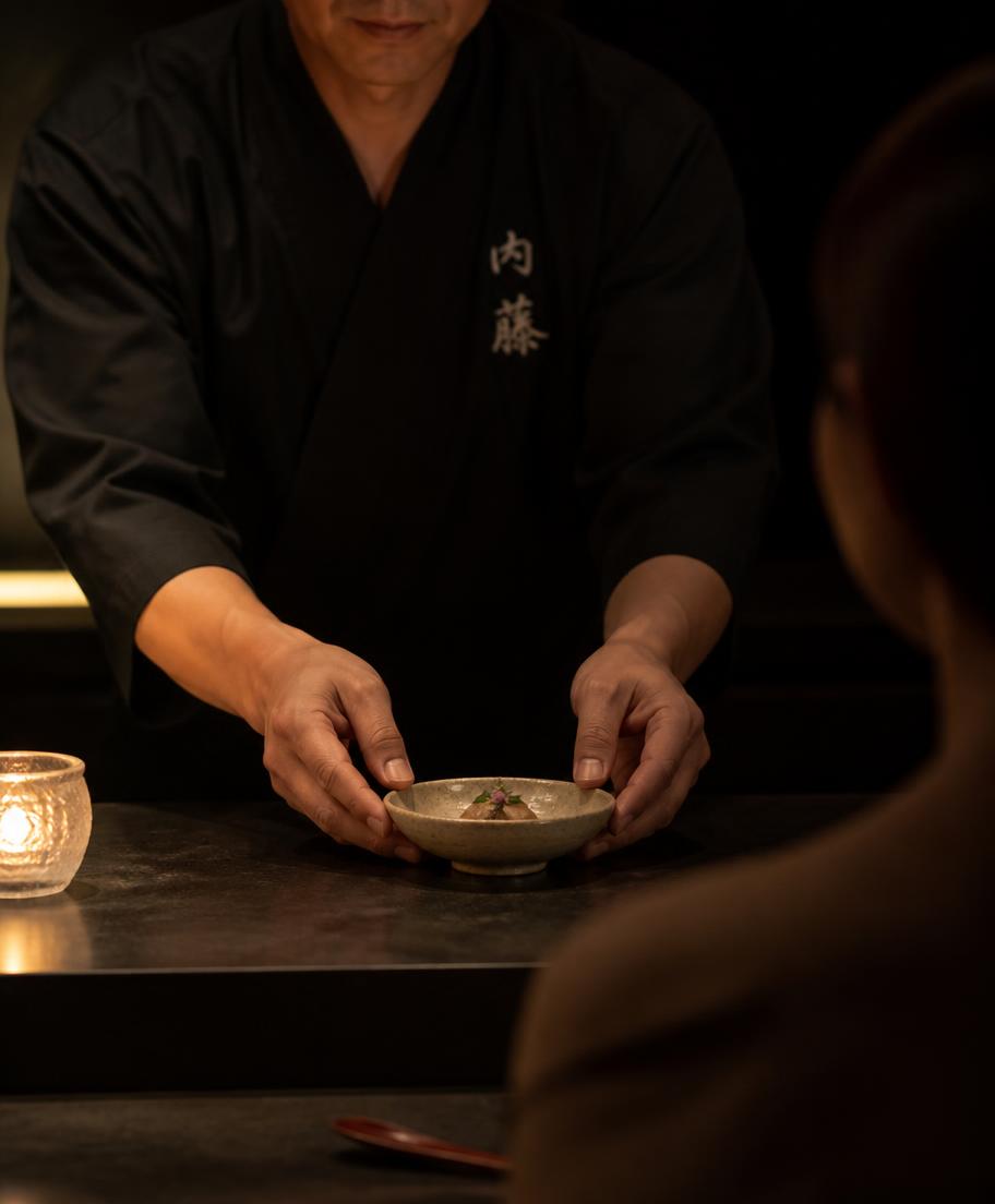 Chef presenting a small ceramic bowl to a guest