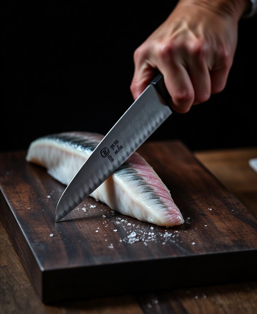 Japanese knife slicing fish on a wooden board