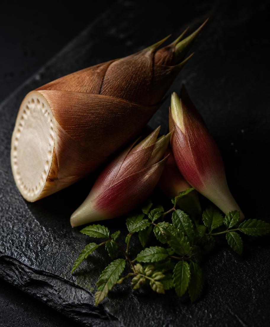 Seasonal Japanese ingredients on dark slate