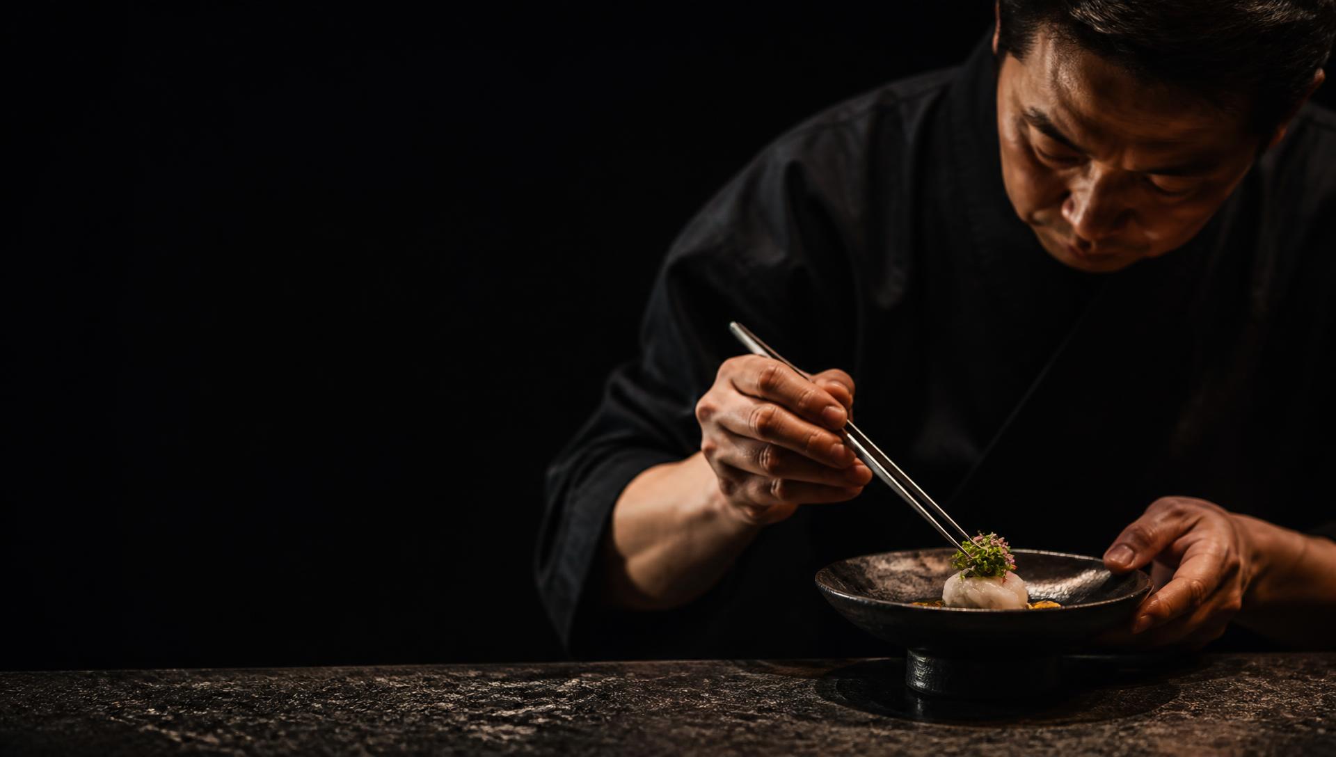 Chef working quietly behind a Japanese counter, preparing a course by hand