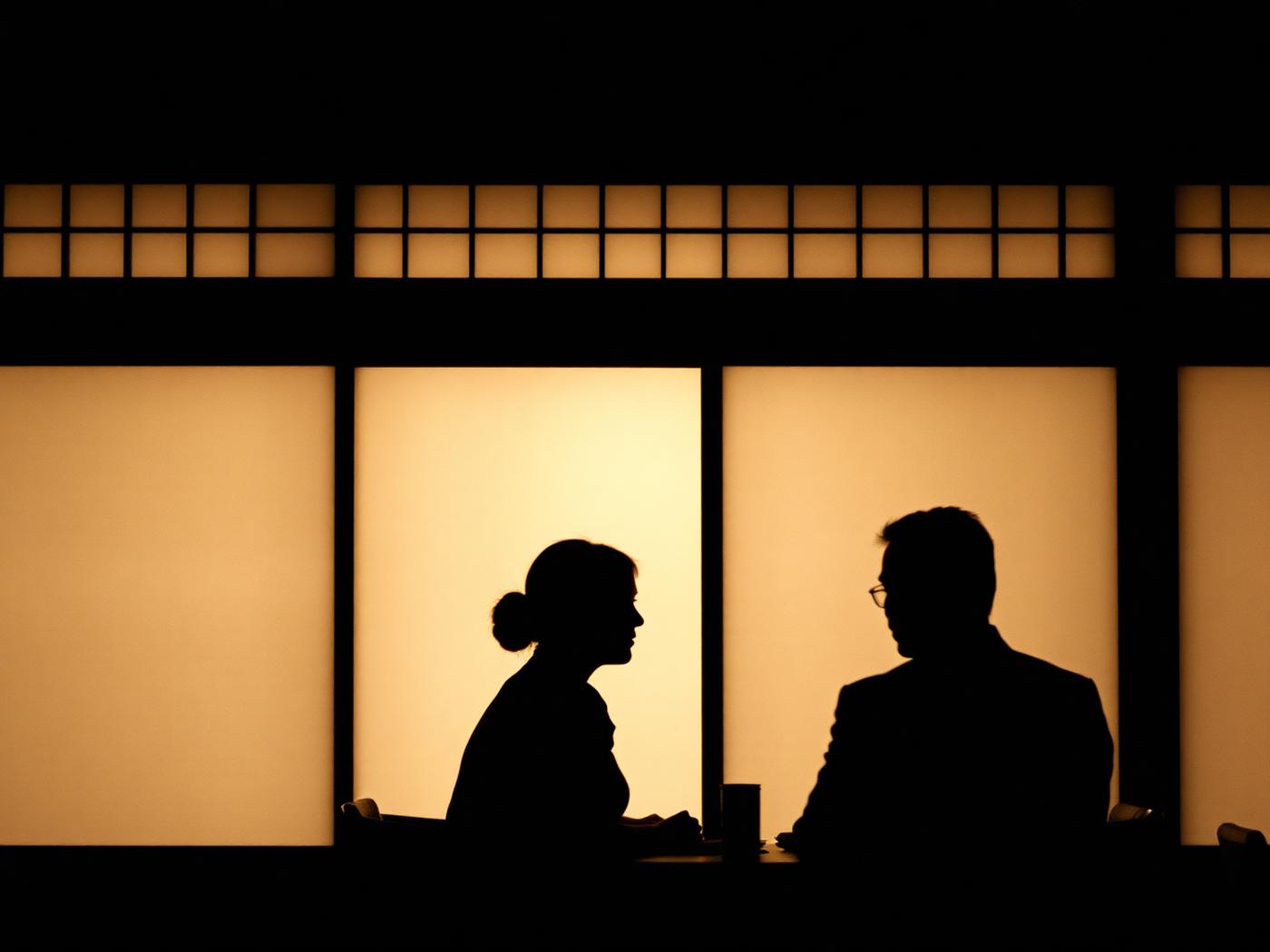 Unidentifiable silhouettes of guests behind a lit paper screen