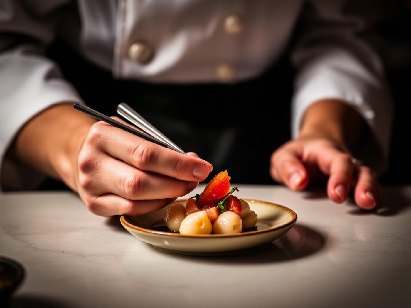 The chef's hands finishing a delicate dish