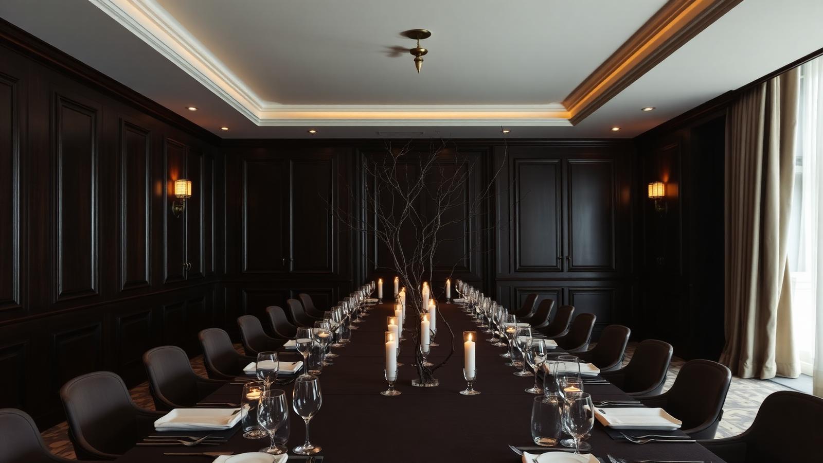 Long candlelit table set in a dark private dining room
