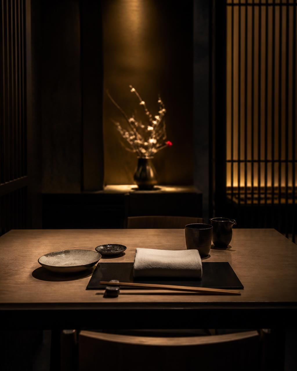 A single table quietly set with fine ceramic ware and linen in a darkened Japanese dining room
