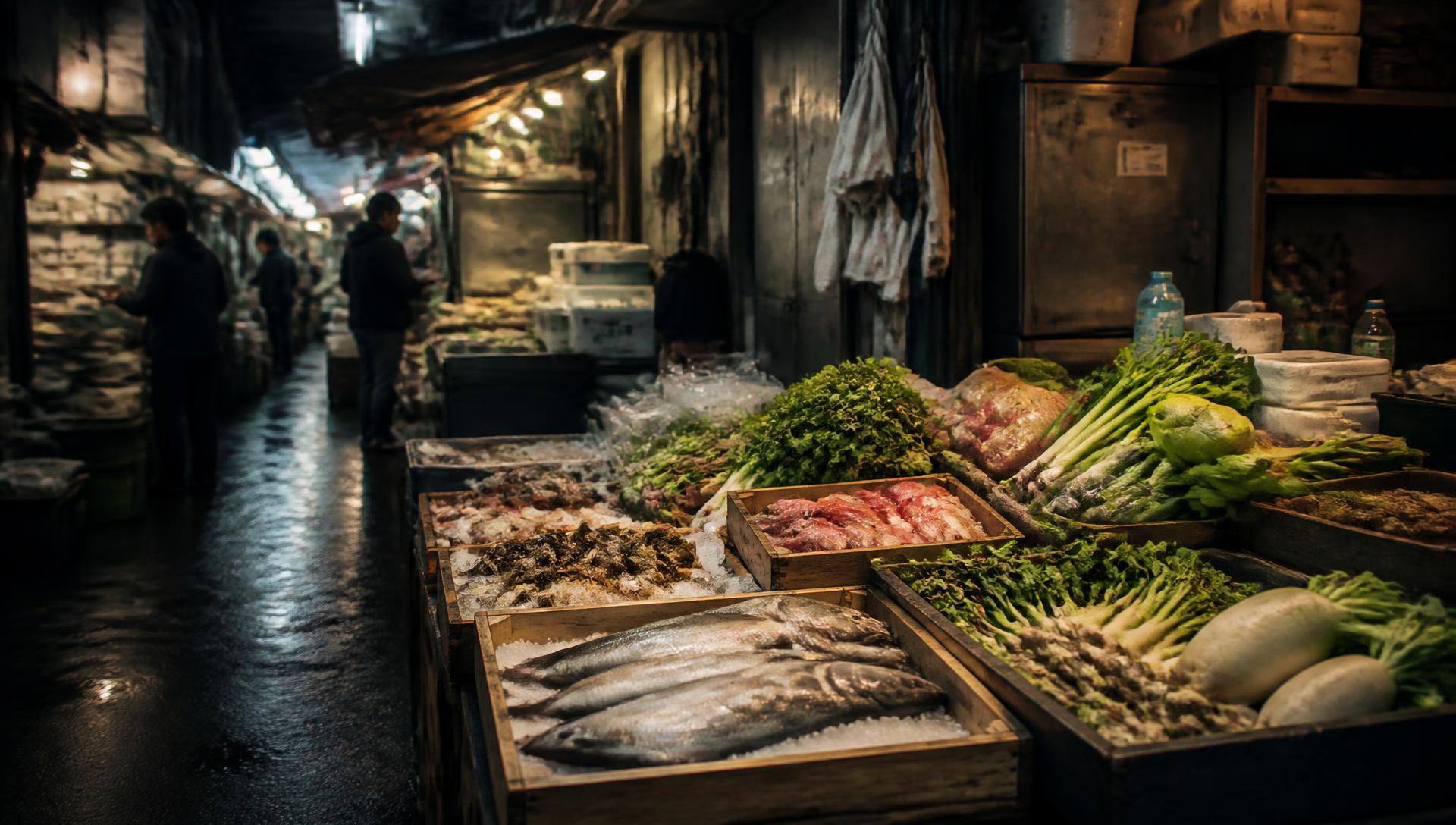 Early morning Tokyo market with crates of seasonal ingredients