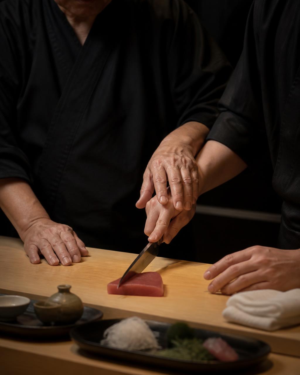 Chef Jin Yoshida giving hands-on knife instruction in a professional kitchen
